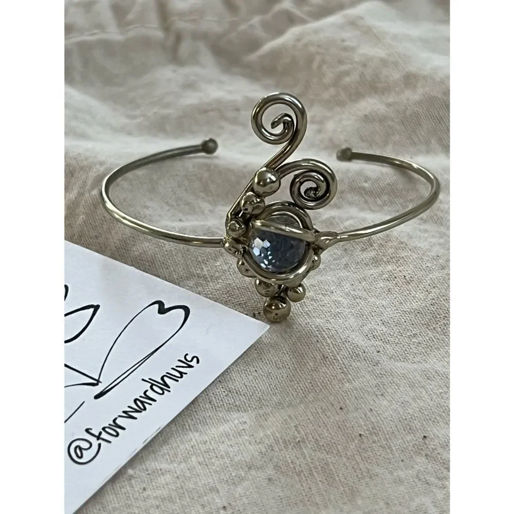 Youth Silver Tone Cuff Bracelet with Unique Purple Bead